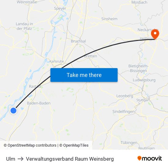 Ulm to Verwaltungsverband Raum Weinsberg map