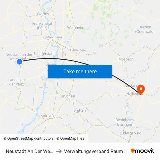 Neustadt An Der Weinstraße to Verwaltungsverband Raum Weinsberg map