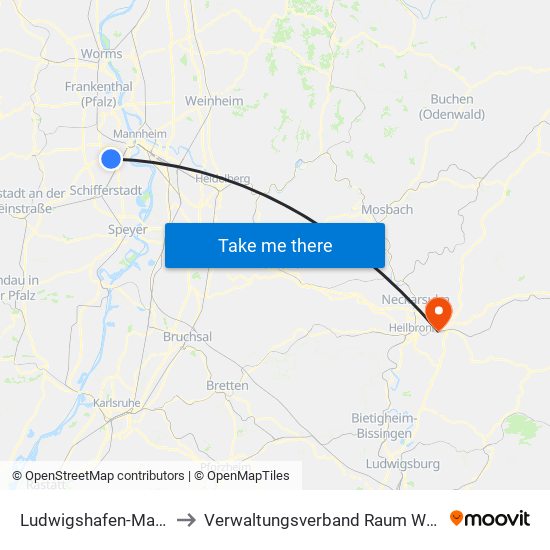 Ludwigshafen-Maudach to Verwaltungsverband Raum Weinsberg map