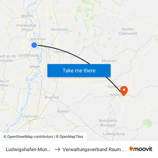 Ludwigshafen-Mundenheim to Verwaltungsverband Raum Weinsberg map