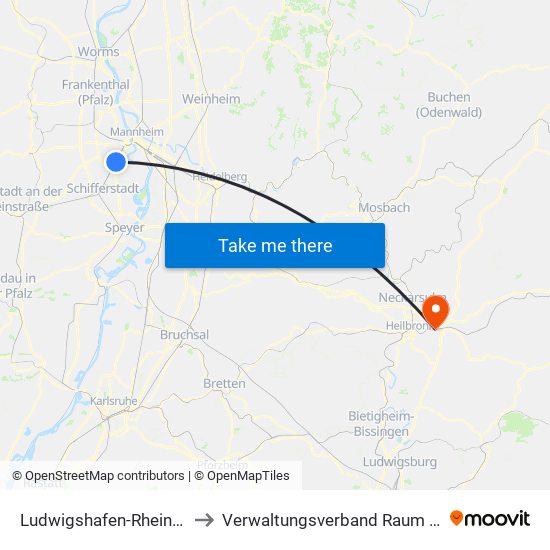 Ludwigshafen-Rheingönheim to Verwaltungsverband Raum Weinsberg map