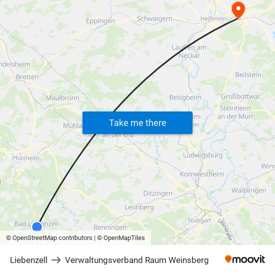 Liebenzell to Verwaltungsverband Raum Weinsberg map