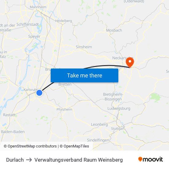 Durlach to Verwaltungsverband Raum Weinsberg map