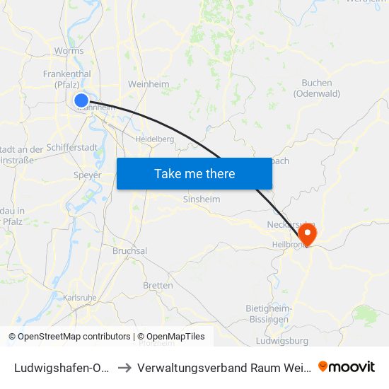 Ludwigshafen-Oppau to Verwaltungsverband Raum Weinsberg map