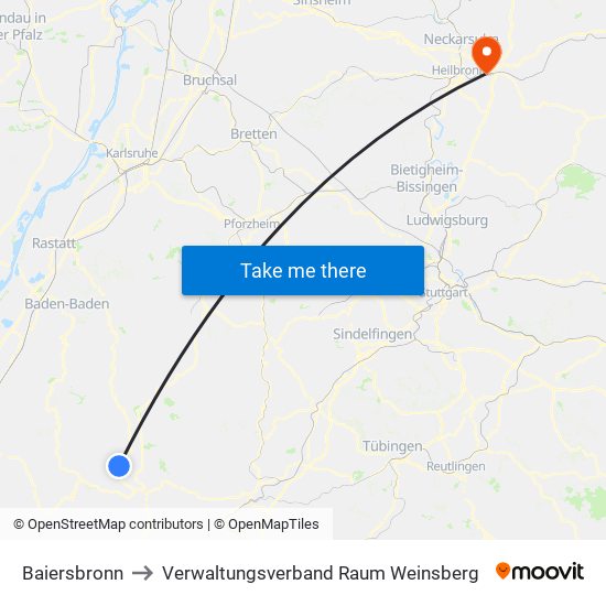 Baiersbronn to Verwaltungsverband Raum Weinsberg map