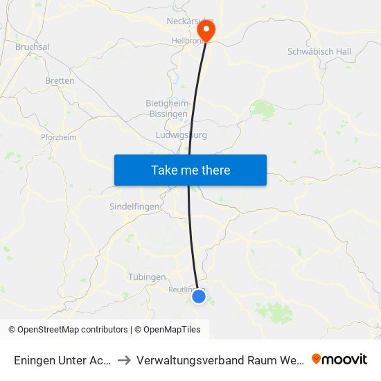 Eningen Unter Achalm to Verwaltungsverband Raum Weinsberg map