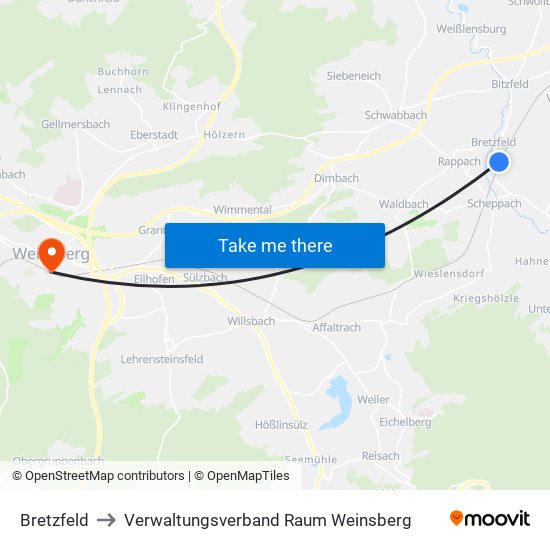 Bretzfeld to Verwaltungsverband Raum Weinsberg map