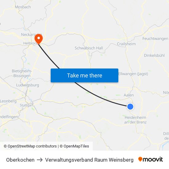 Oberkochen to Verwaltungsverband Raum Weinsberg map