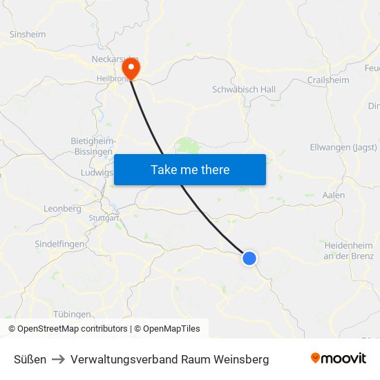 Süßen to Verwaltungsverband Raum Weinsberg map