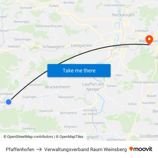 Pfaffenhofen to Verwaltungsverband Raum Weinsberg map