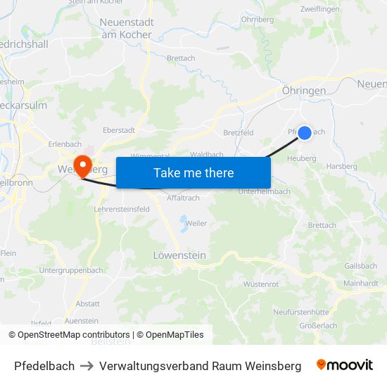 Pfedelbach to Verwaltungsverband Raum Weinsberg map