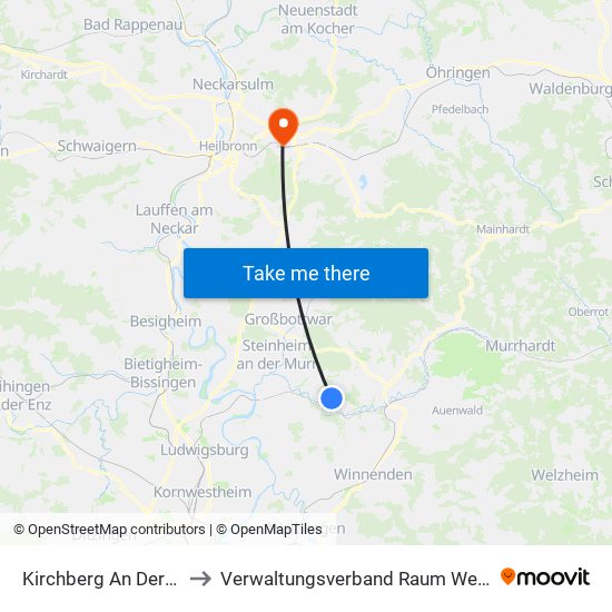 Kirchberg An Der Murr to Verwaltungsverband Raum Weinsberg map