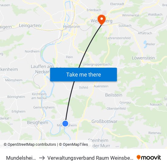 Mundelsheim to Verwaltungsverband Raum Weinsberg map