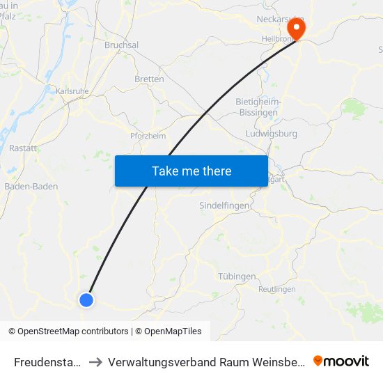 Freudenstadt to Verwaltungsverband Raum Weinsberg map