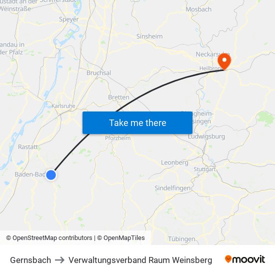 Gernsbach to Verwaltungsverband Raum Weinsberg map