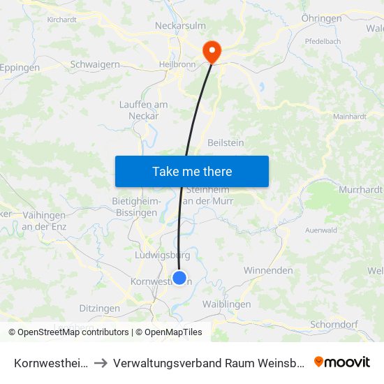 Kornwestheim to Verwaltungsverband Raum Weinsberg map
