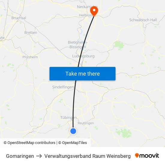 Gomaringen to Verwaltungsverband Raum Weinsberg map