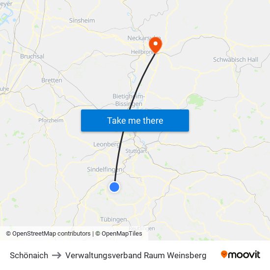 Schönaich to Verwaltungsverband Raum Weinsberg map