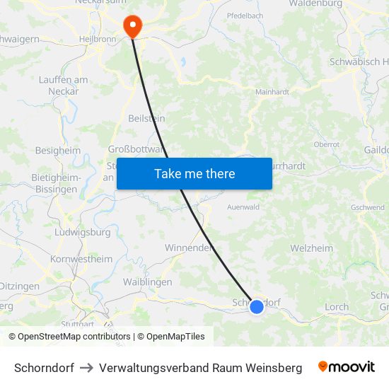 Schorndorf to Verwaltungsverband Raum Weinsberg map