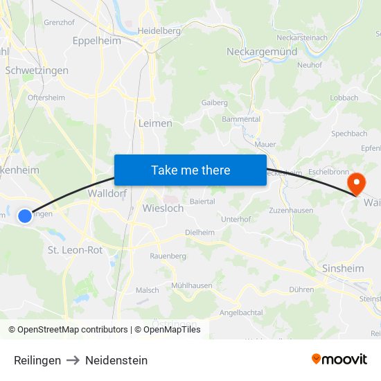 Reilingen to Neidenstein map
