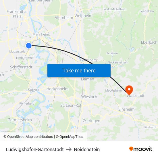 Ludwigshafen-Gartenstadt to Neidenstein map