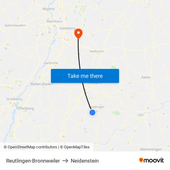 Reutlingen-Bronnweiler to Neidenstein map