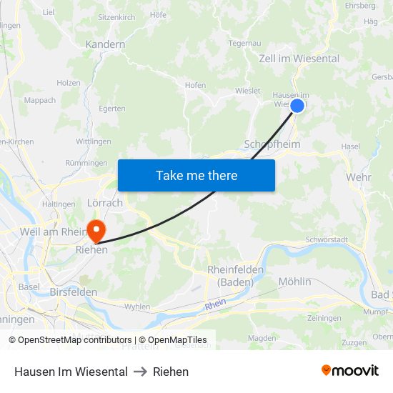 Hausen Im Wiesental to Riehen map