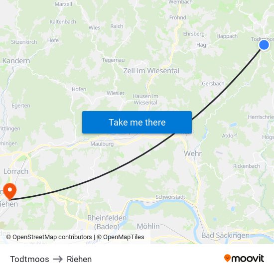 Todtmoos to Riehen map