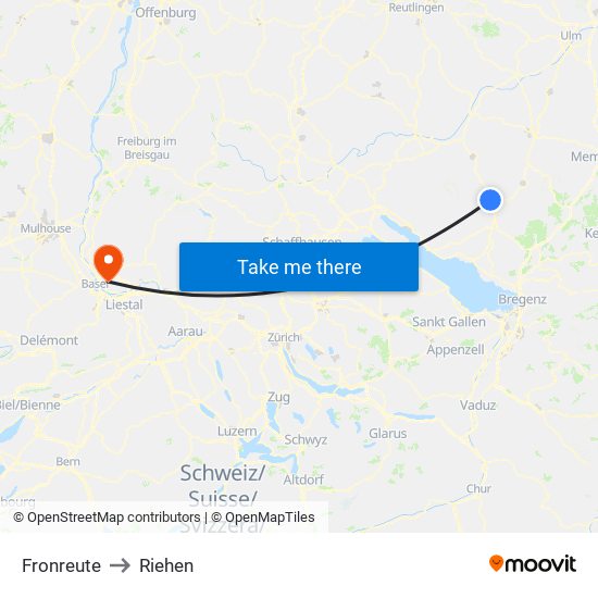Fronreute to Riehen map
