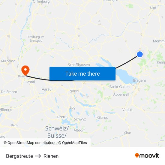Bergatreute to Riehen map
