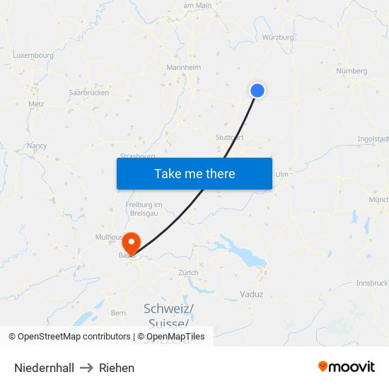 Niedernhall to Riehen map