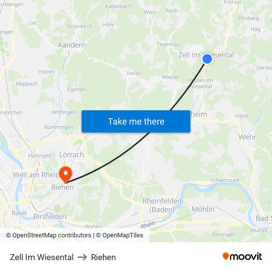 Zell Im Wiesental to Riehen map