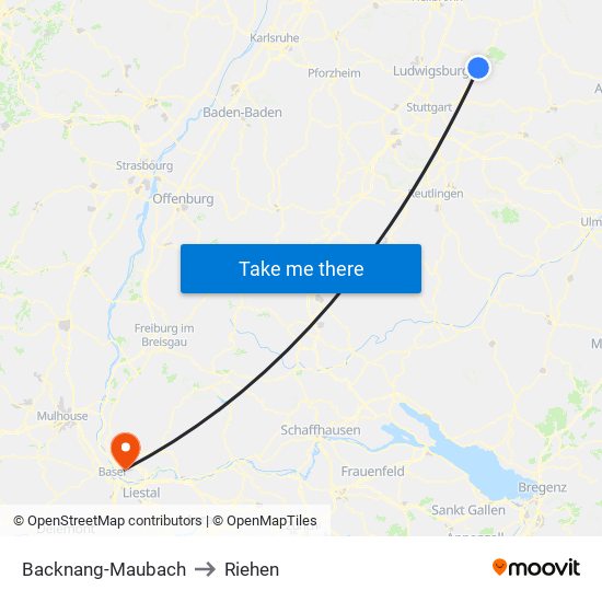 Backnang-Maubach to Riehen map