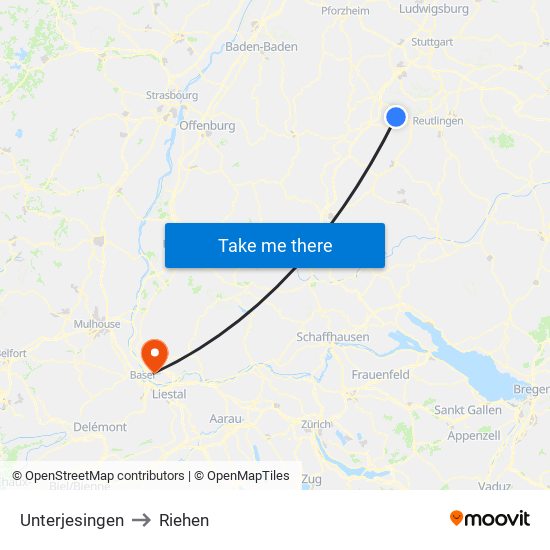 Unterjesingen to Riehen map