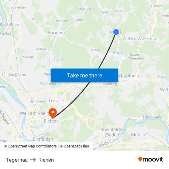 Tegernau to Riehen map