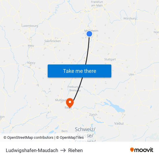 Ludwigshafen-Maudach to Riehen map