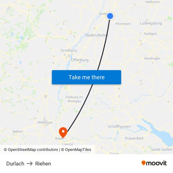 Durlach to Riehen map