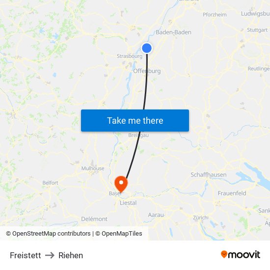 Freistett to Riehen map