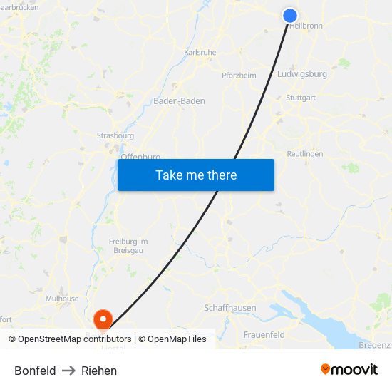 Bonfeld to Riehen map