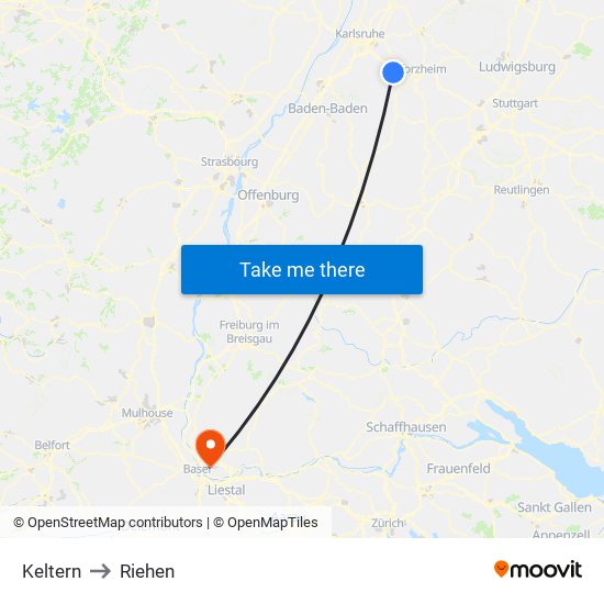 Keltern to Riehen map