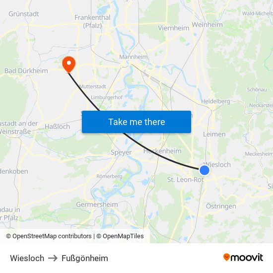 Wiesloch to Fußgönheim map