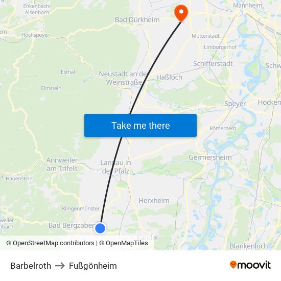 Barbelroth to Fußgönheim map