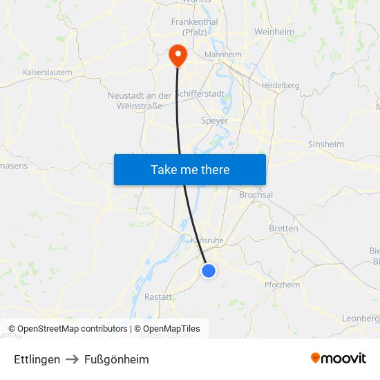 Ettlingen to Fußgönheim map