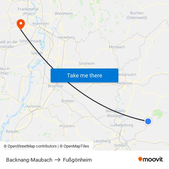 Backnang-Maubach to Fußgönheim map