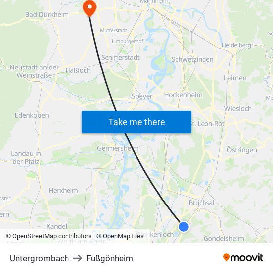 Untergrombach to Fußgönheim map