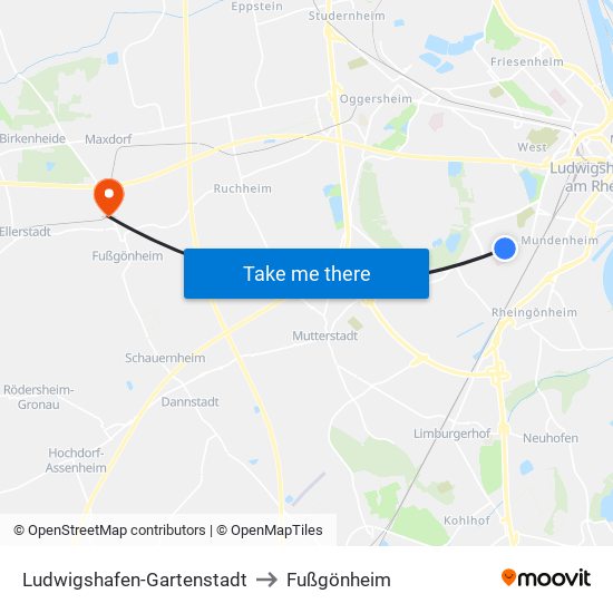 Ludwigshafen-Gartenstadt to Fußgönheim map