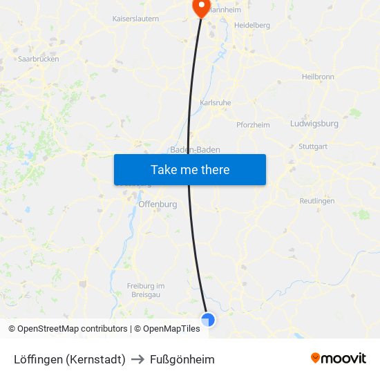 Löffingen (Kernstadt) to Fußgönheim map