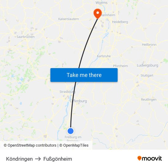 Köndringen to Fußgönheim map
