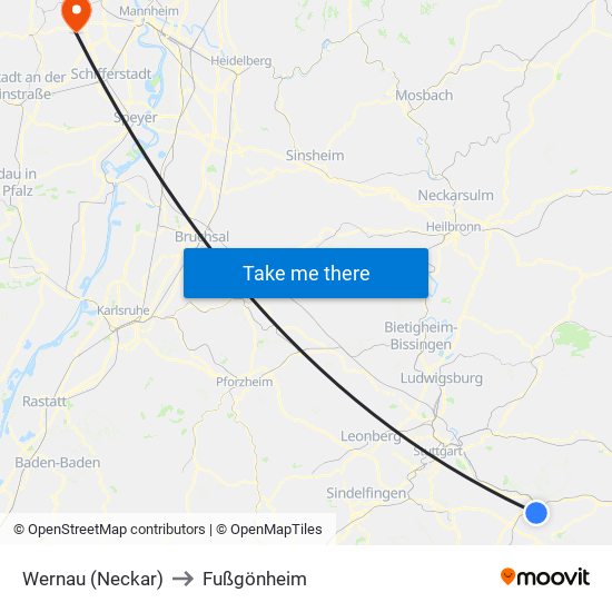 Wernau (Neckar) to Fußgönheim map
