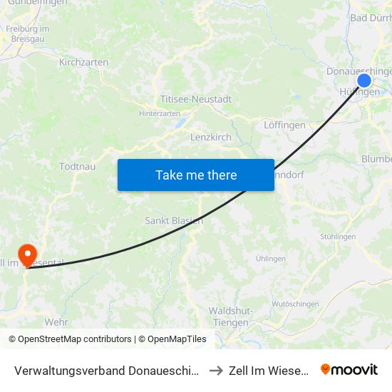 Verwaltungsverband Donaueschingen to Zell Im Wiesental map